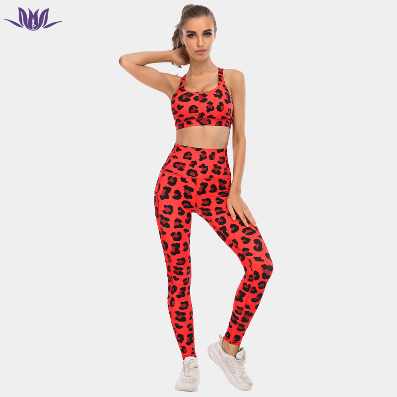Women Red Leopard Print Yoga Set