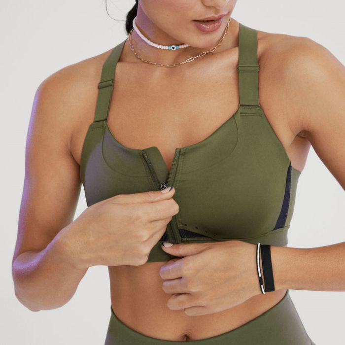 Strap Solid Zip Front Sports Bra