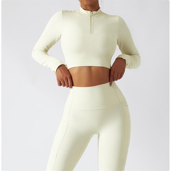 Long Sleeve Neck Half Zip Yoga Crop Tops