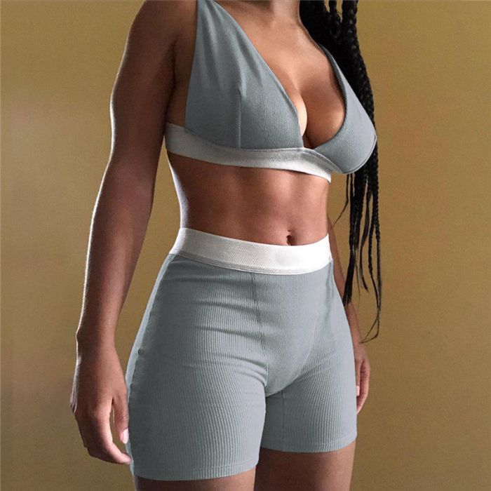 Deep V Ribbed Gym Yoga Shorts Set