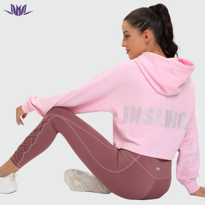 New Arrival 100% Cotton Pink Crop Top Hoodie