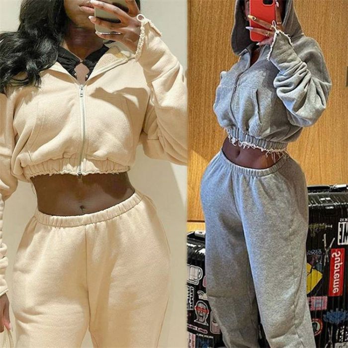 2 Piece Crop Zip Up Hoodie And Jogger Set