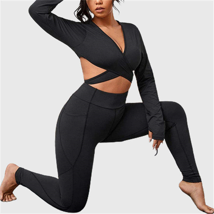 Long Sleeve Crop Top Black 2 Piece Gym Sets