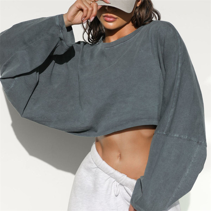 Crew Neck Dropped Shoulders Crop Tops