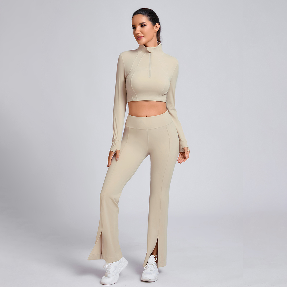 Custom Beige Half-Zip Crop Top and Flare Pants Set Manufacturer | Workout Outfit Supplier