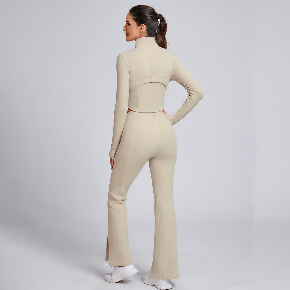 Custom Beige Half-Zip Crop Top and Flare Pants Set Manufacturer | Workout Outfit Supplier