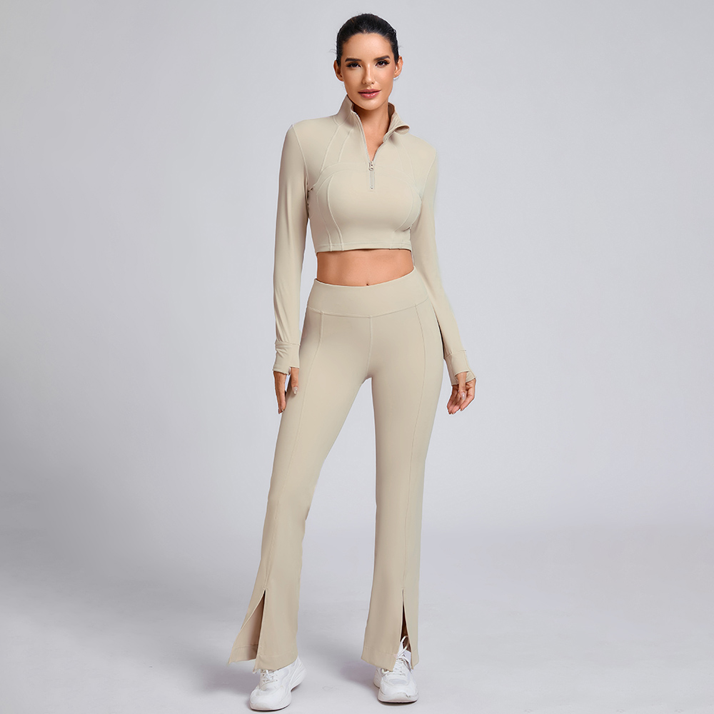 Custom Beige Half-Zip Crop Top and Flare Pants Set Manufacturer | Workout Outfit Supplier