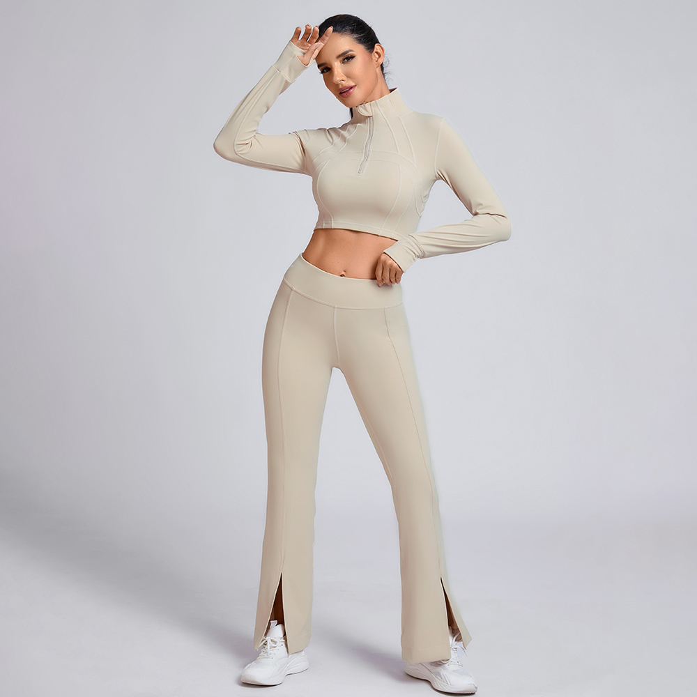 Custom Beige Half-Zip Crop Top and Flare Pants Set Manufacturer | Workout Outfit Supplier