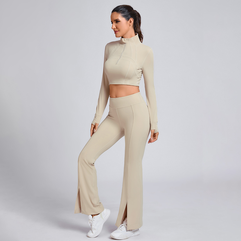 Custom Beige Half-Zip Crop Top and Flare Pants Set Manufacturer | Workout Outfit Supplier