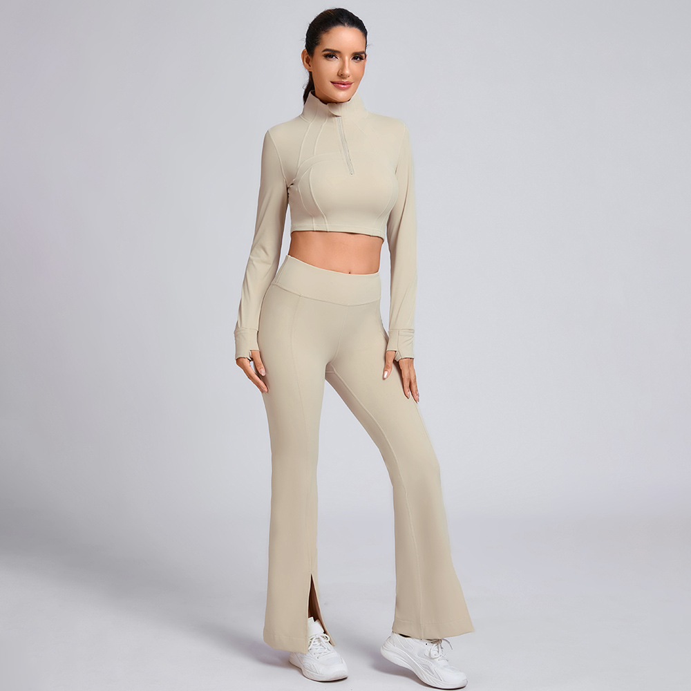 Custom Beige Half-Zip Crop Top and Flare Pants Set Manufacturer | Workout Outfit Supplier